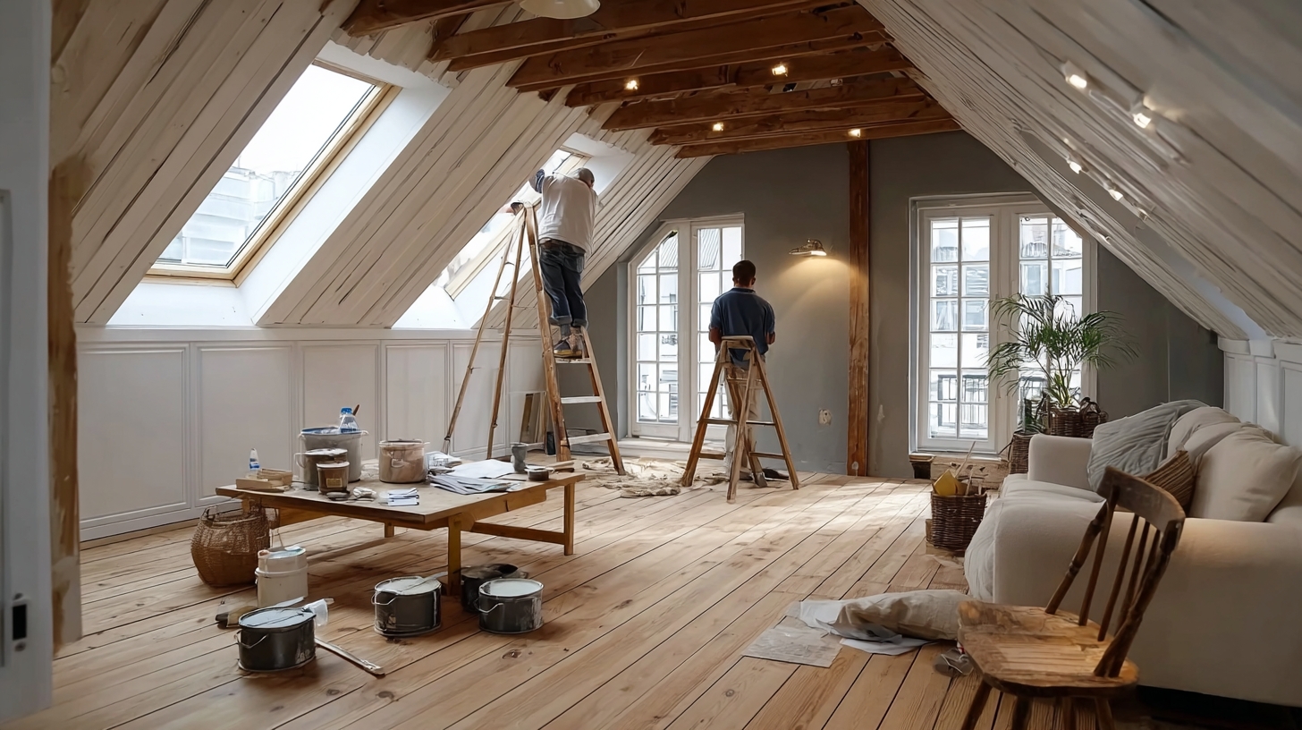 Attic remodel professionals at work in a nice spacious attic in a private house