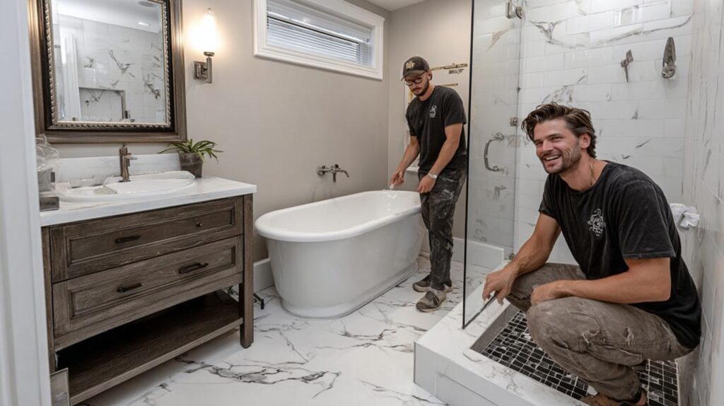 Bathroom remodel professionals finishing work at a nice modern bathroom