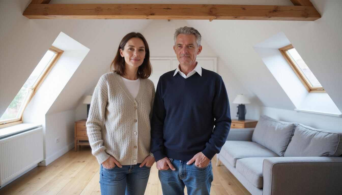 Couple admiring a bright, newly finished attic room.