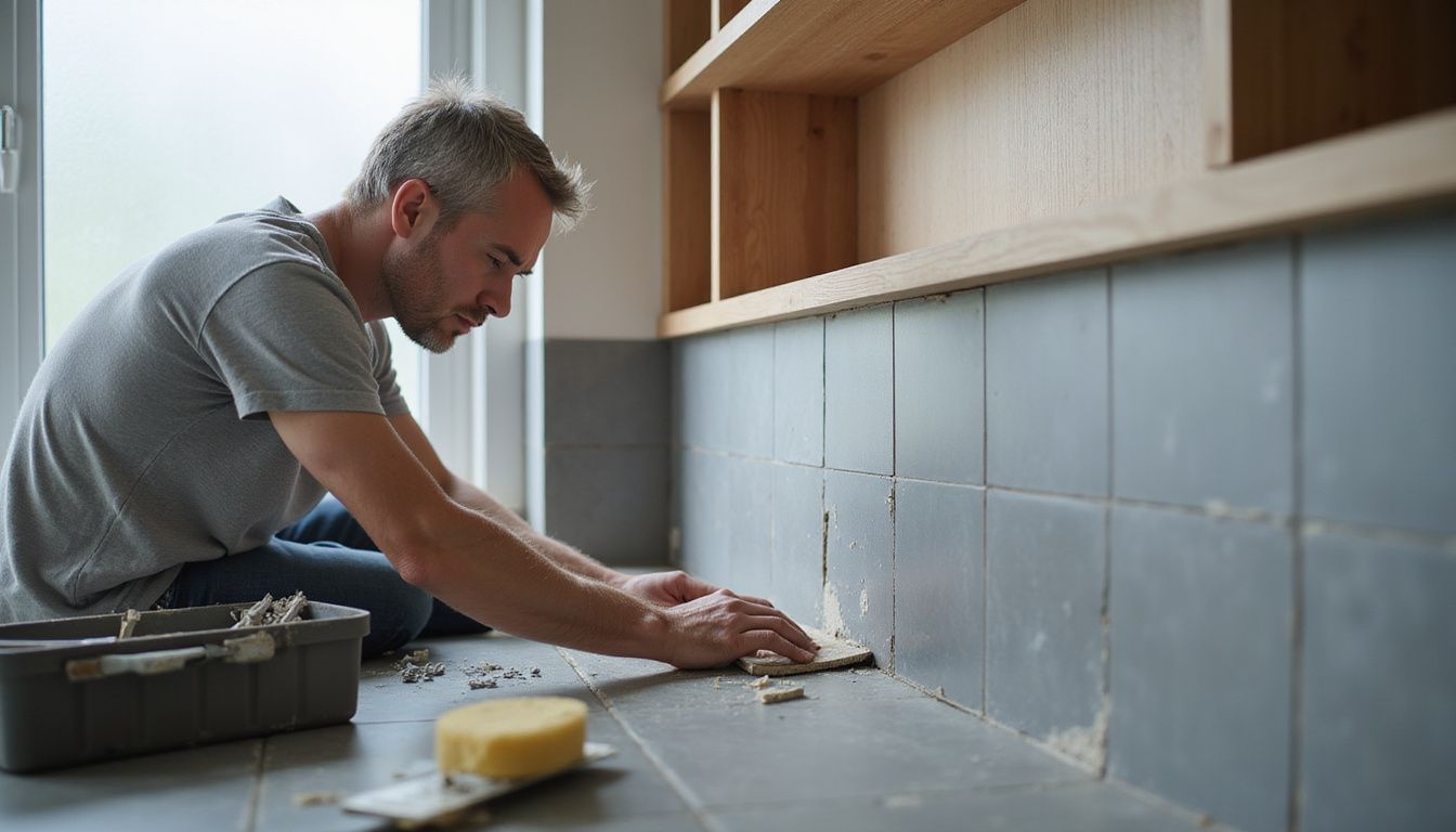 Contractor setting ceramic tiles in a bright bathroom, showing careful craftsmanship and attention to detail.