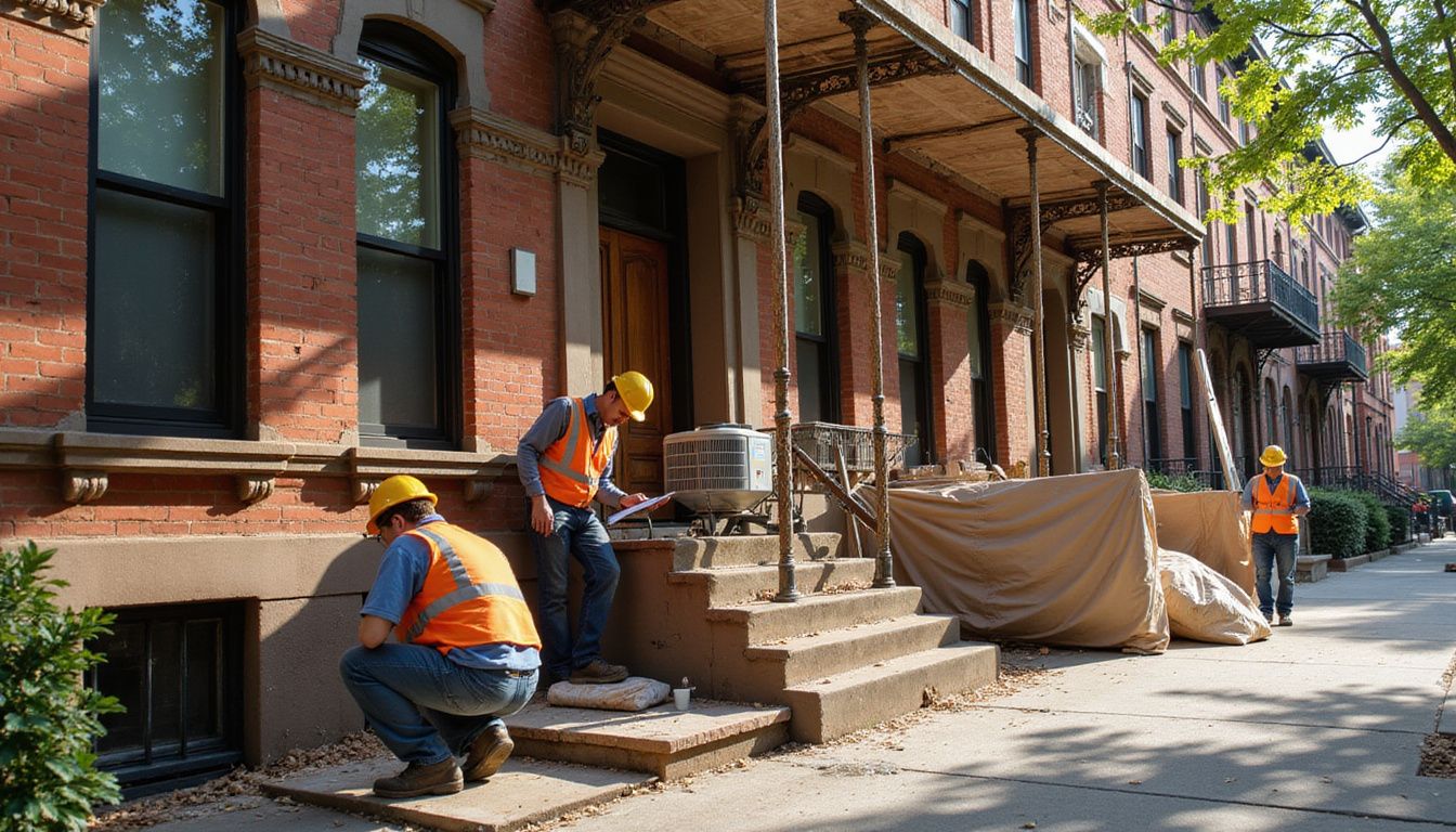 A team of contractors works on restoring a classic Brooklyn brownstone while integrating modern HVAC systems.