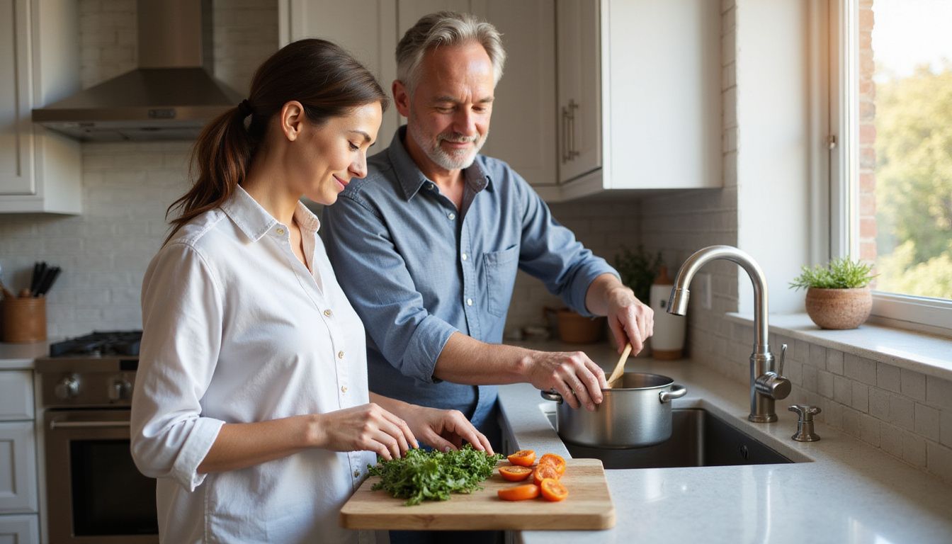 A couple cooking together in a bright, newly renovated kitchen.
