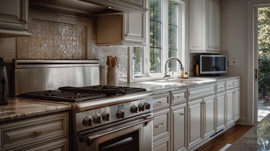 A cozy kitchen features an intricately patterned Moroccan tile backsplash polished quartz countertops and stainless steel appliances