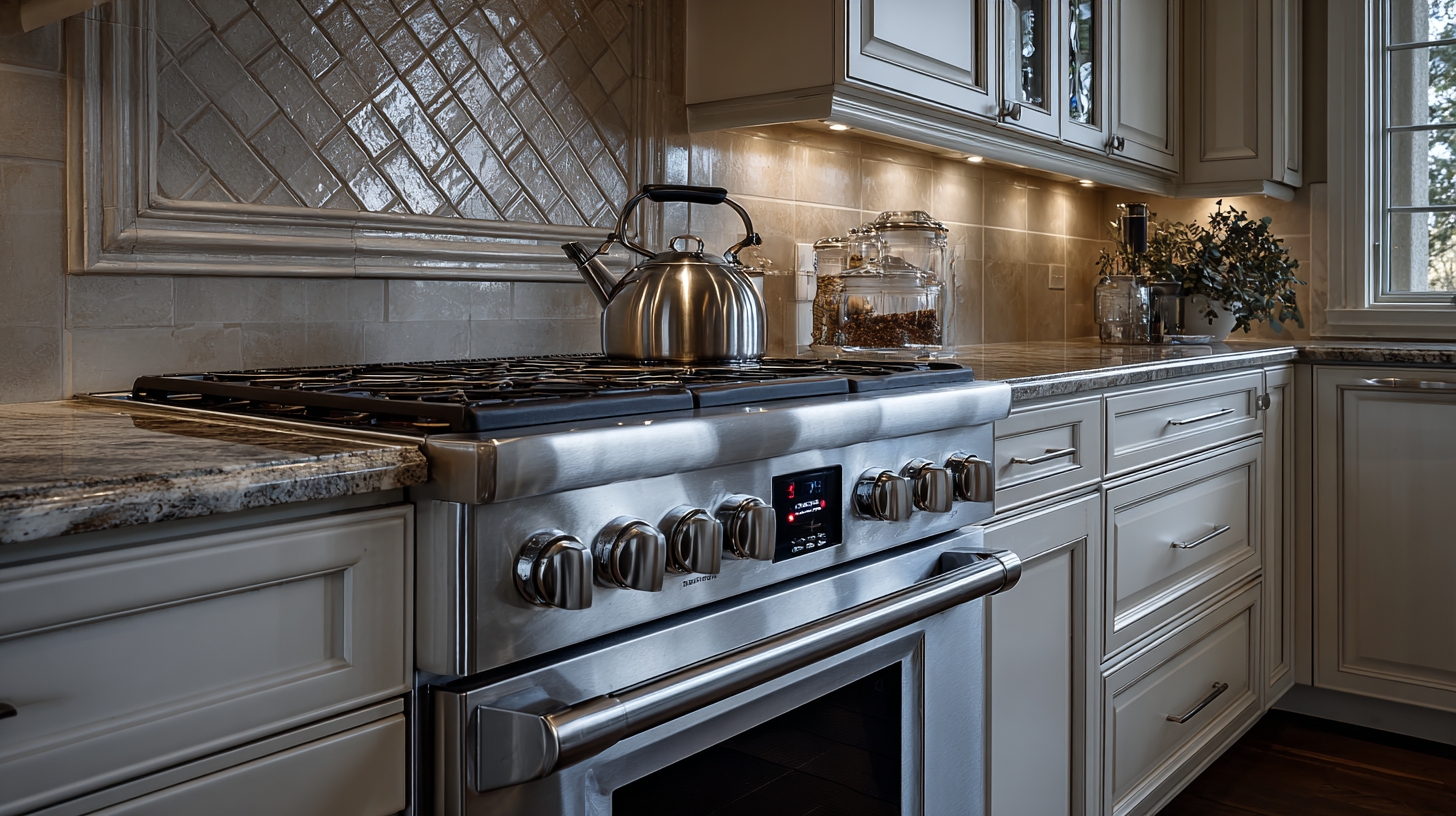 A modern kitchen features an intricately patterned tile backsplash polished quartz countertops and stainless steel appliances