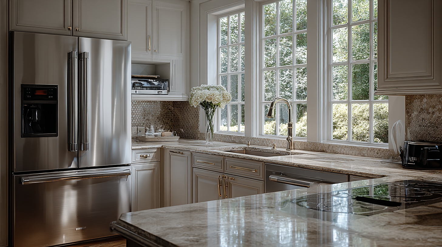A smartly designed modern kitchen with a full-size fridge