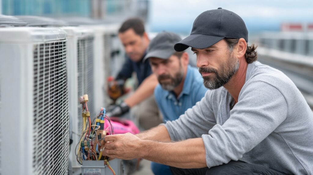 HVAC contractor workers at work on the building roof
