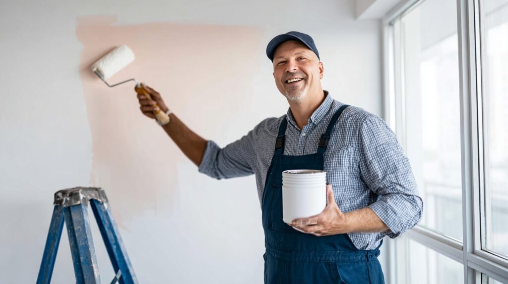Painting and plastering contractor workers at work