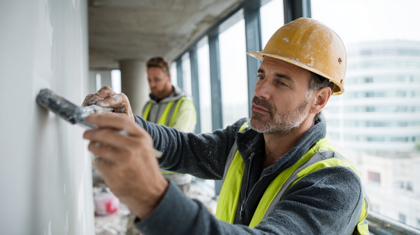 Painting and plastering workers at work