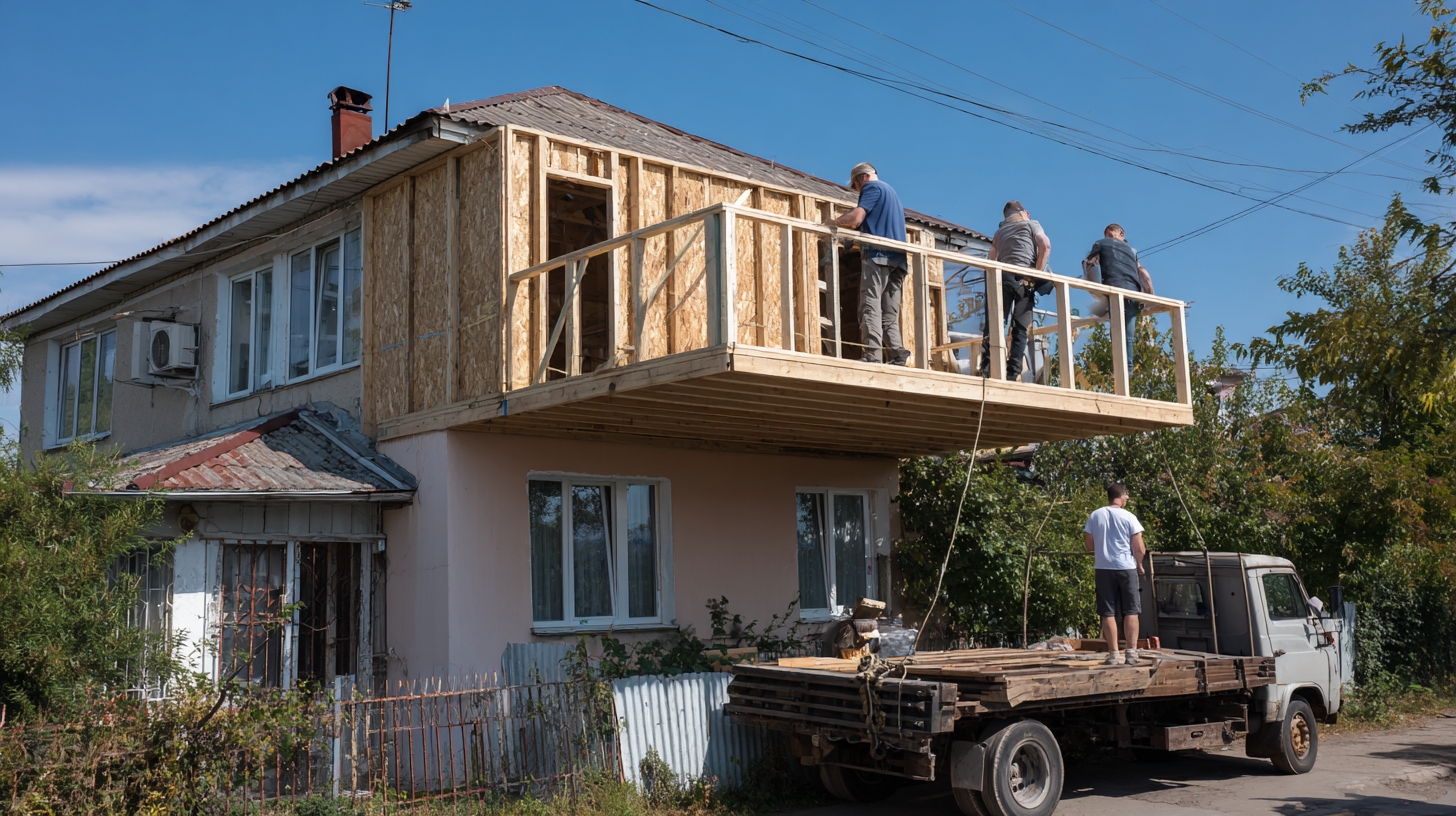 Professional construction workers are building a house extension unit on a two-story nice private house