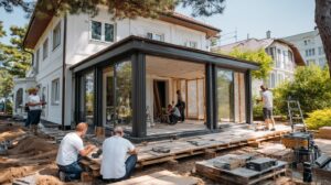 construction workers are building a house extension unit on a two-story nice private house