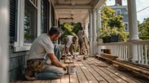 construction workers are busy doing a front porch renovation on a two-story private house located on a Staten Island street