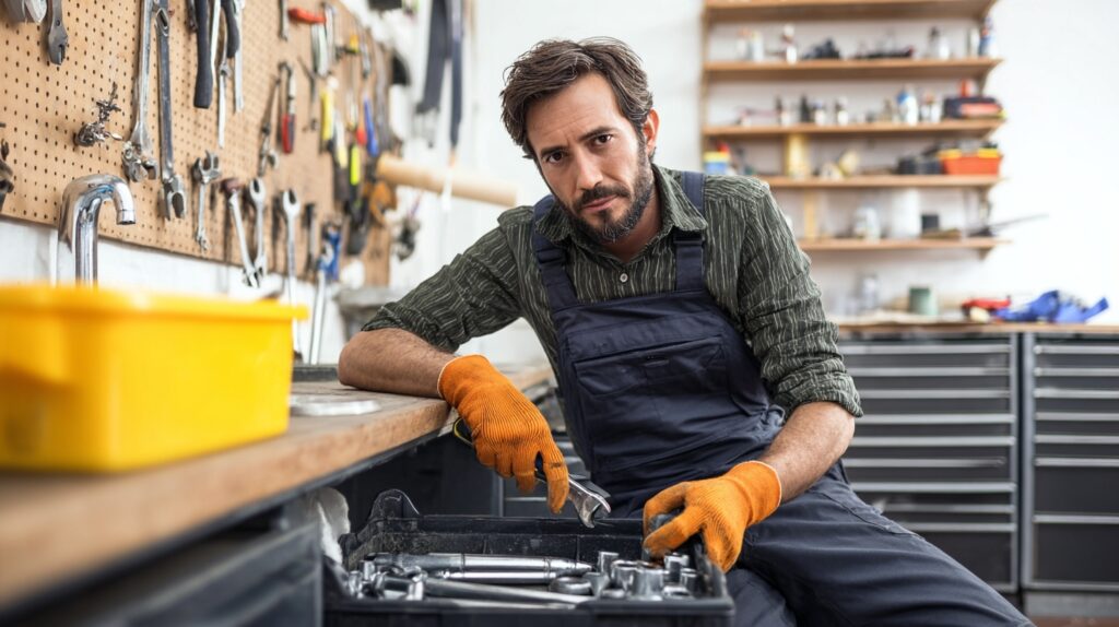 handyman in his workshop tools on the wall
