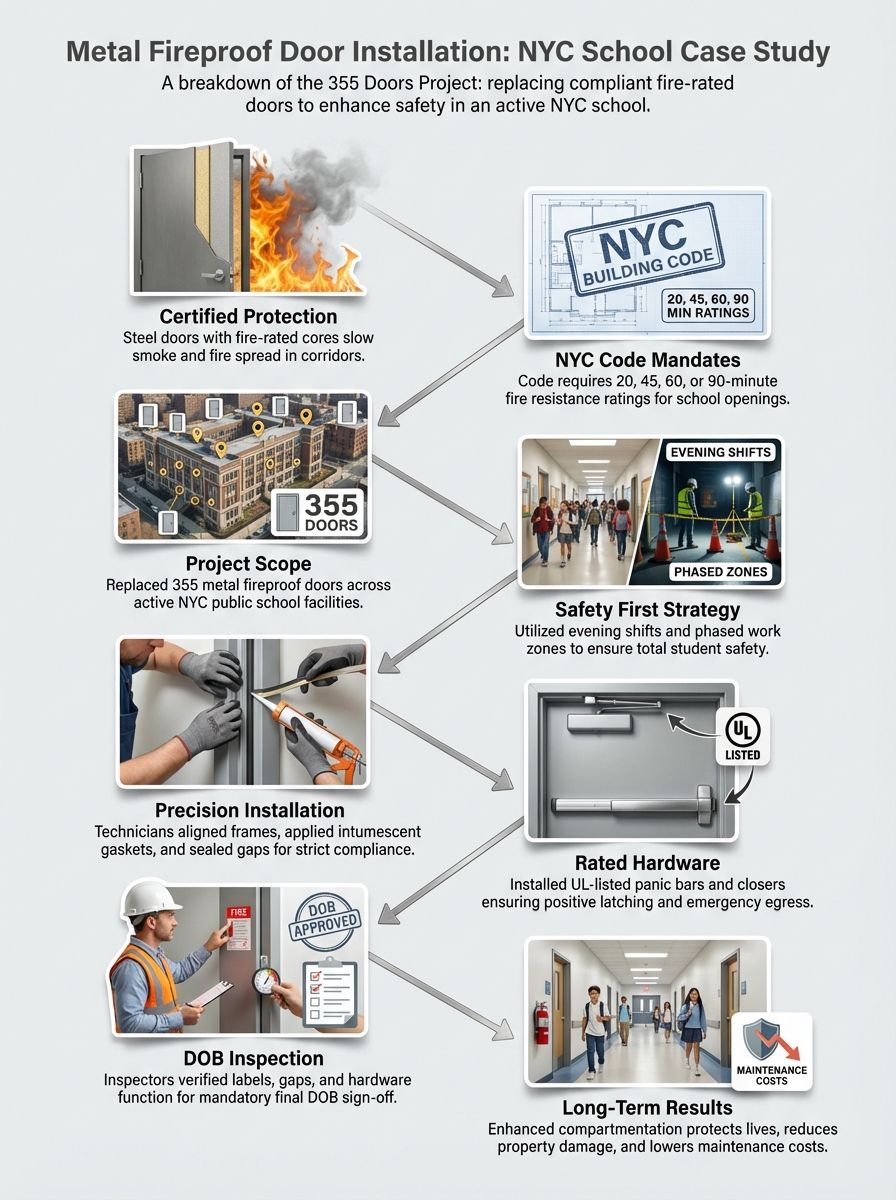 Metal Fireproof Door Installation in NYC School | 355 Doors Project Metal Fireproof Door Installation in NYC School | 355 Doors Project
