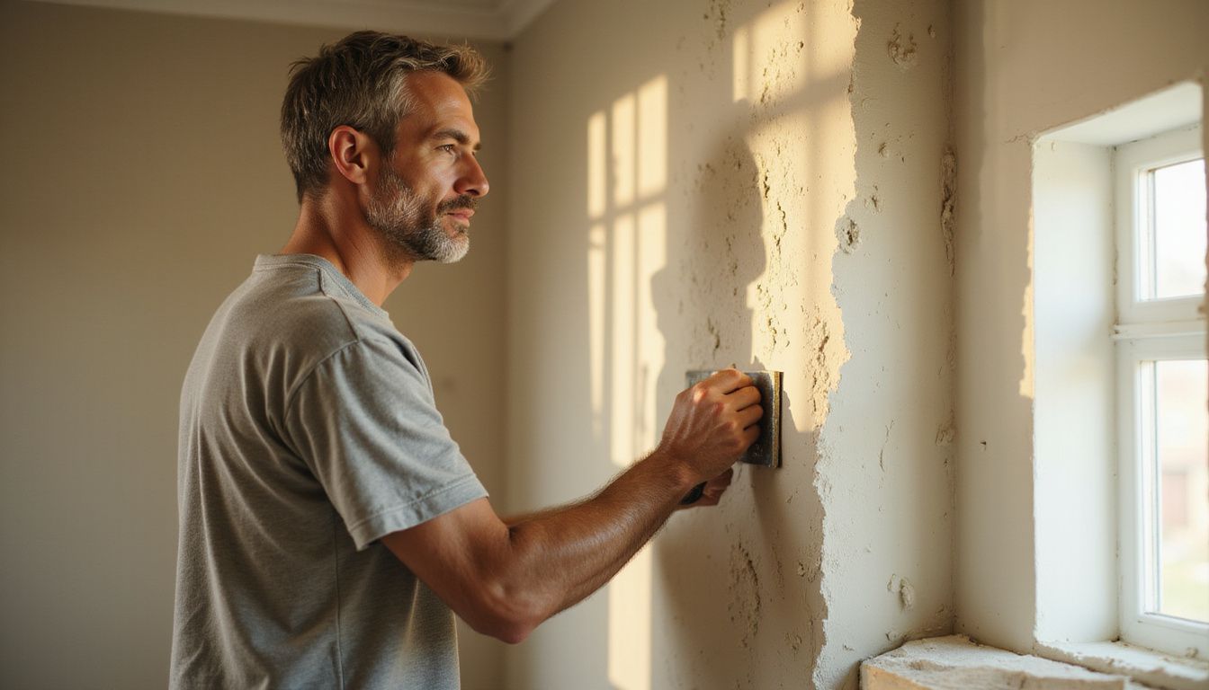 A middle-aged man skillfully applies plaster to a wall in a home renovation, showcasing his focused expression and craftsmanship. A middle-aged man skillfully applies plaster to a wall in a home renovation, showcasing his focused expression and craftsmanship.