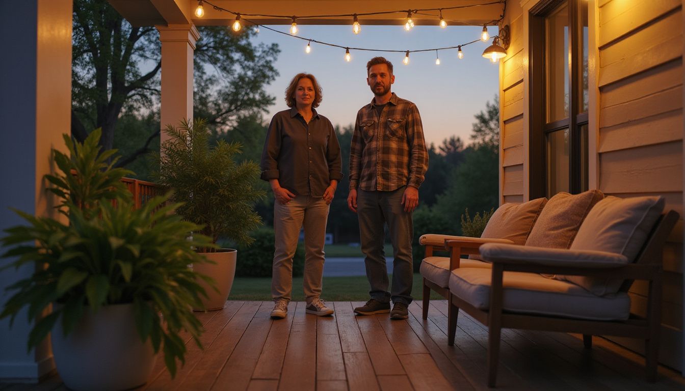 A middle-aged man and woman stand together on a freshly refinished porch, surrounded by plants and minimalist furniture.