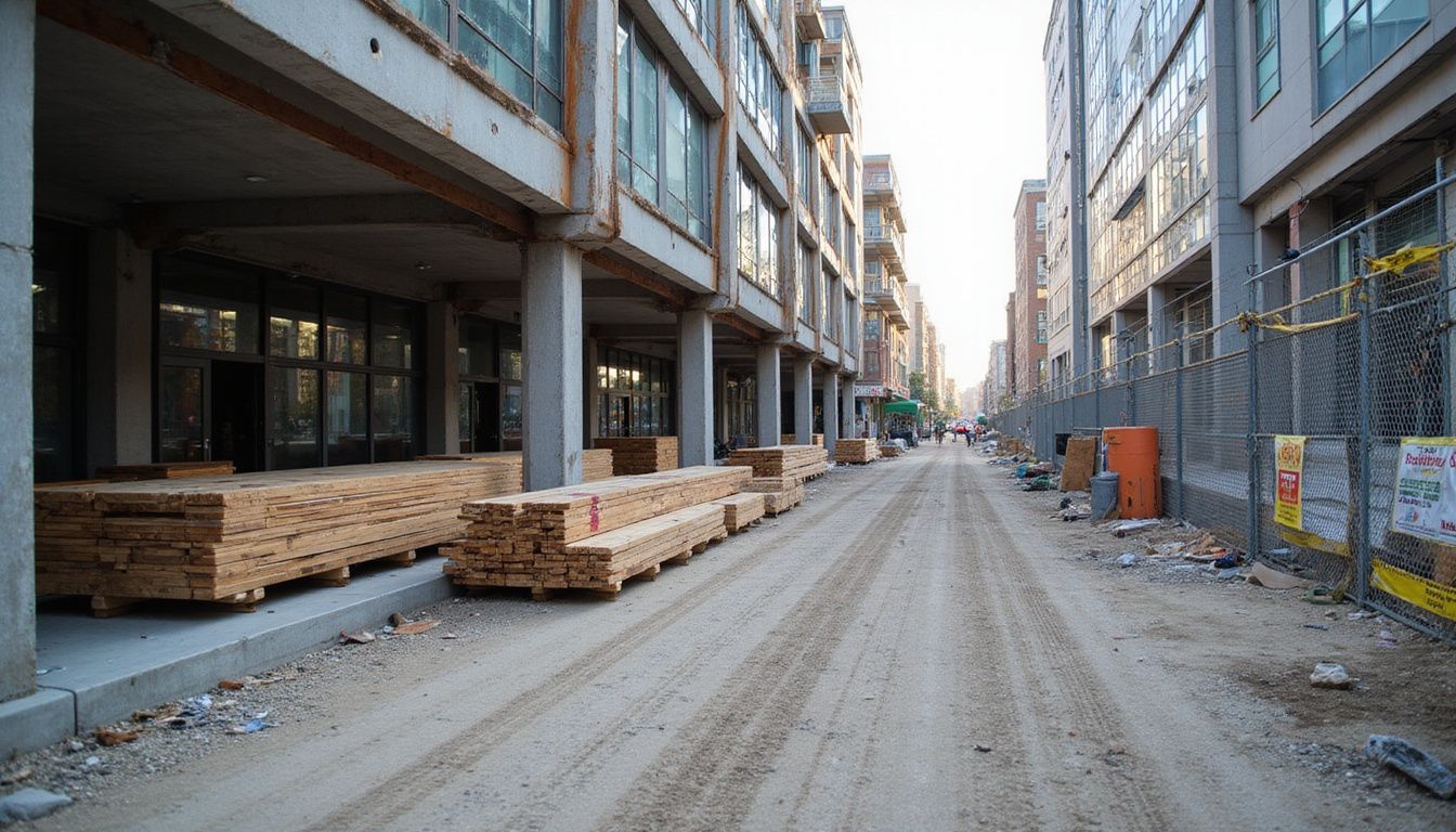 A bustling construction site in New York City showcases buildings nearing renovation completion, surrounded by neatly stacked materials and safety signage.
