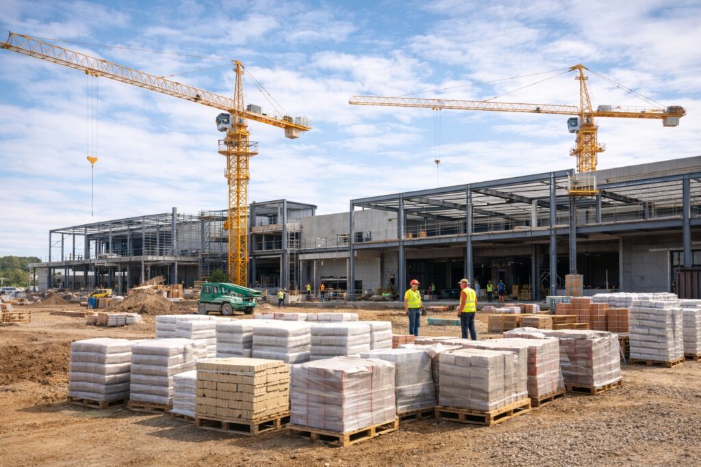 construction of a shopping center with a visible ground area, cranes, workers, and pallets of material on the ground