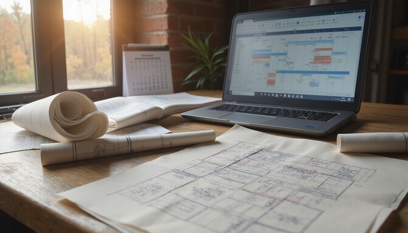 a laptop and construction blueprints