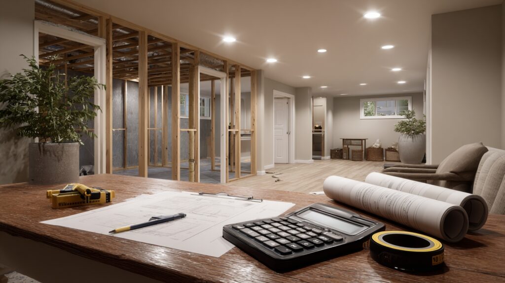 basement renovation scene in a suburban American home, partially finished cellar with framing, drywall in progress