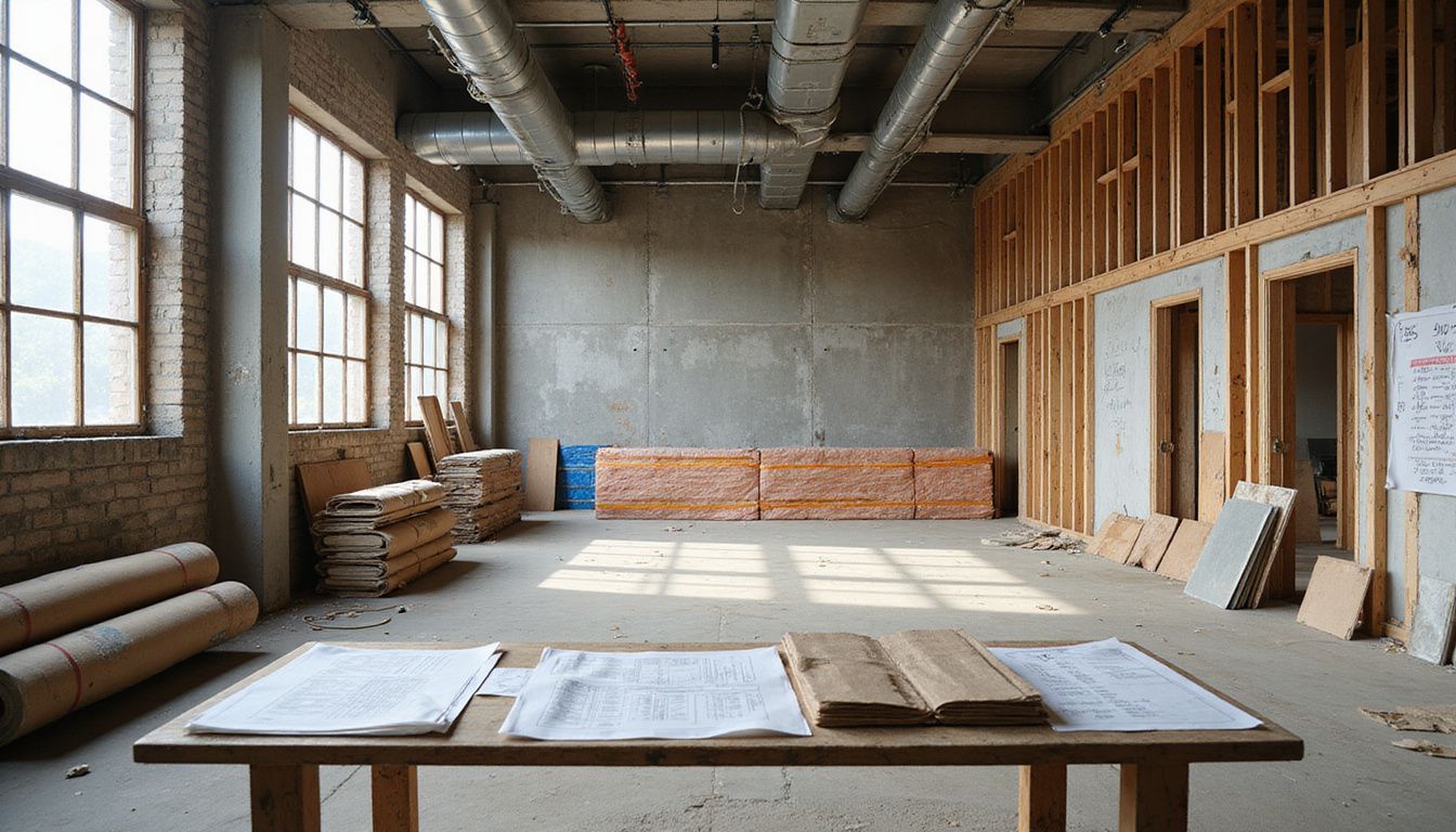 A mid-renovation commercial office space showcases construction materials and ongoing work reflecting an authentic building environment.