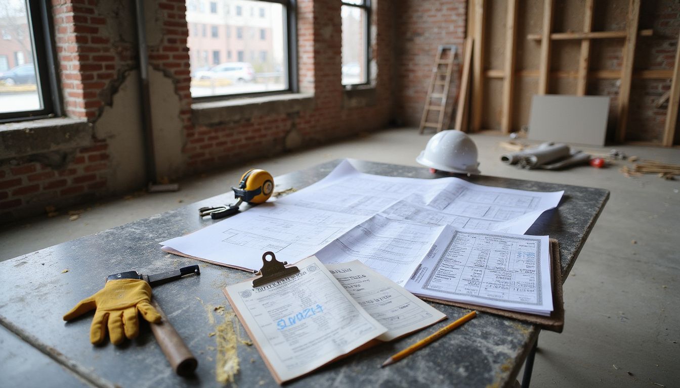 A Staten Island retail renovation site showcases exposed construction elements, tools, blueprints, and disarray in preparation for transformation.