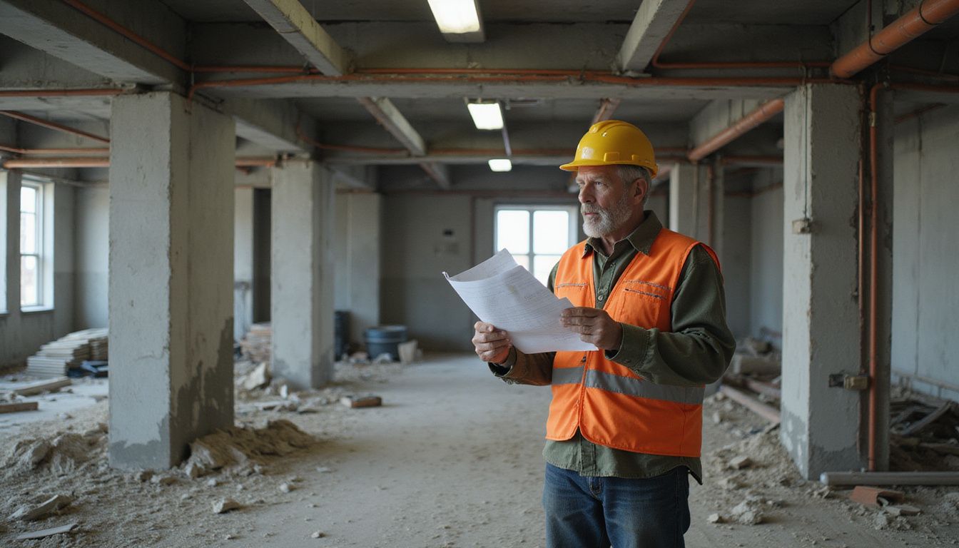 A seasoned construction manager surveys a dilapidated office floor in Manhattan, holding blueprints and a clipboard.