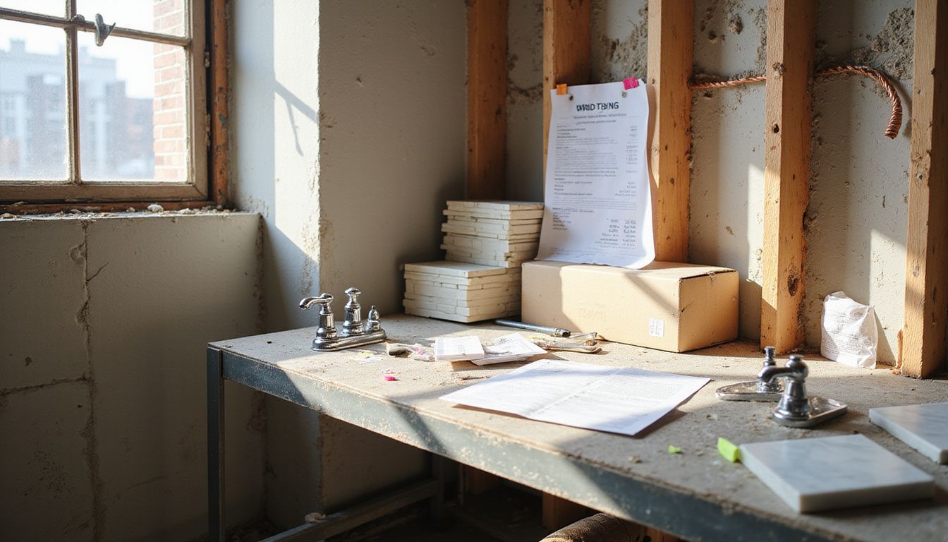 A construction site for a bathroom renovation featuring various materials, tools, and documents in a disorganized yet active environment.