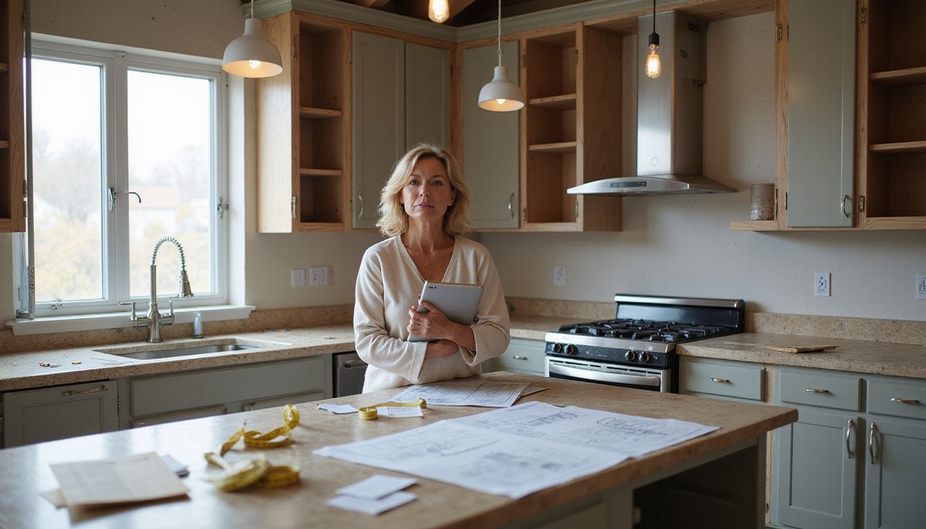 A focused woman reviews kitchen renovation plans while surrounded by blueprints and unfinished cabinetry in a mid-renovation kitchen.