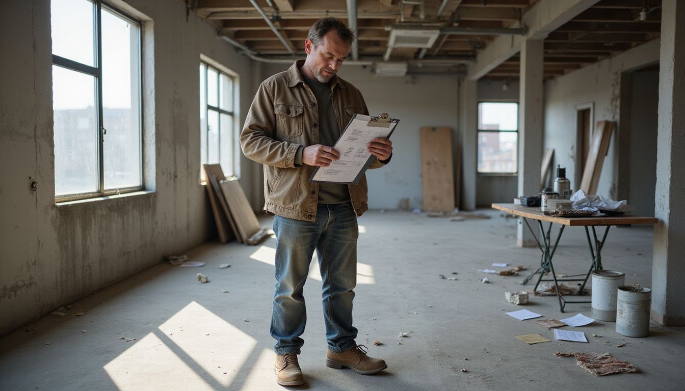 A man reads documents inside an office after demolition