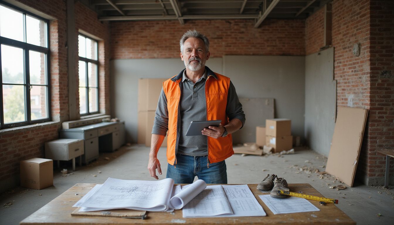 A middle-aged man oversees an office renovation, holding blueprints and a tablet amid scattered construction materials.