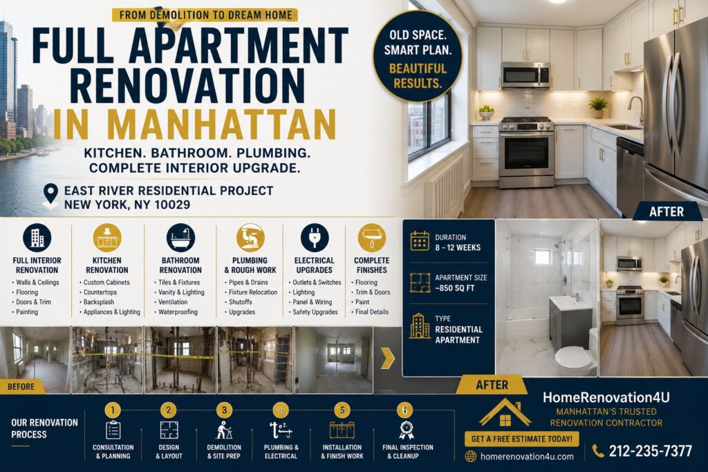 east river manhattan full apartment renovation infographics