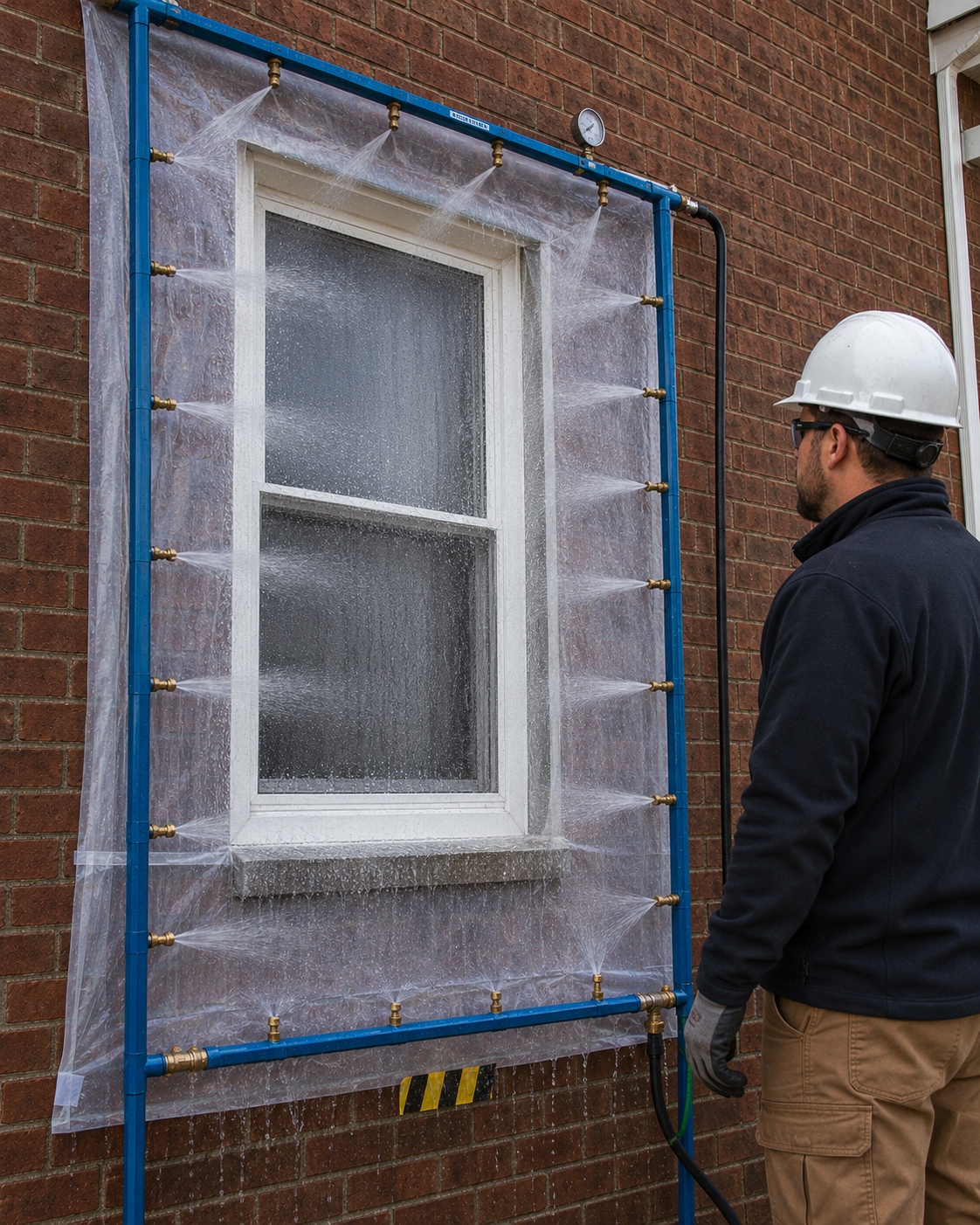 Technician performing a window water test on a brick exterior wall
